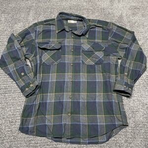 Duluth Trading Co Mens Flannel Shirt L Blue Green Plaid Long Sleeve Cotton
